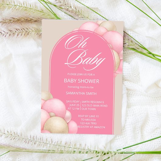 オベビーピンクベージュバルーズアーチミニマルシンプルリスト 招待状