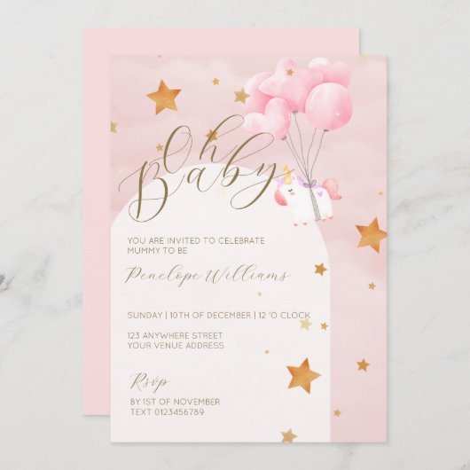 オベビーピンクユニコーンベビーシャワー招待状 招待状 (正面/裏面)