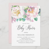 オベビーピンク牡丹とユーカリ赤ちゃんシャワー 招待状 (正面/裏面)