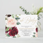 オベビーピンク金ゴールドバーガンディフローラ女の子の赤ちゃんシャワー 招待状 (スタンド正面)