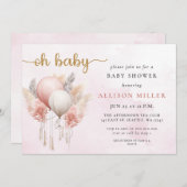 オベビーピンク金ゴールドパンパスボホガールベビーシャワー 招待状 (正面/裏面)