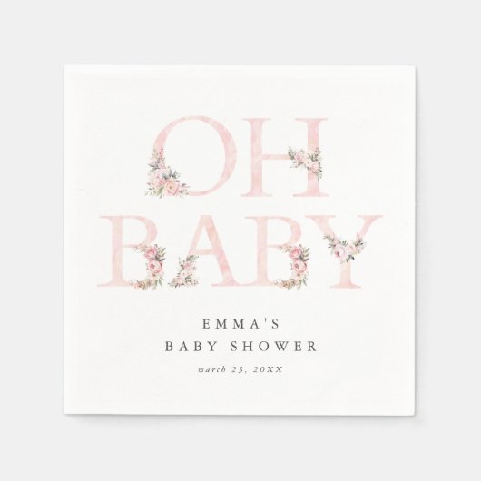 オベビーフローラタイポグラフィピンクベビーシャワー スタンダードカクテルナプキン (正面)