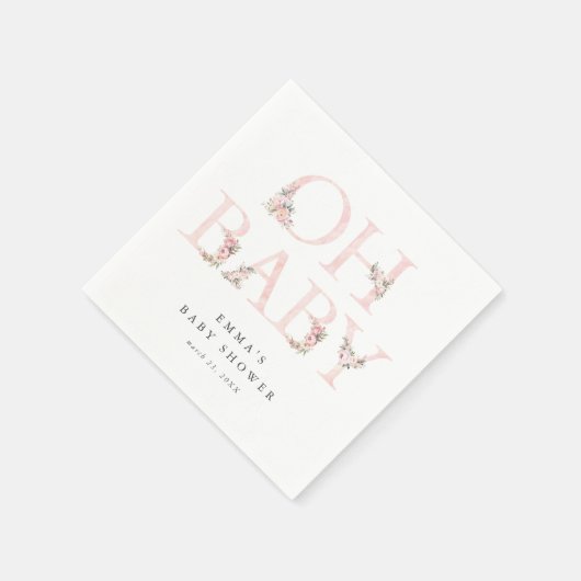 オベビーフローラタイポグラフィピンクベビーシャワー スタンダードカクテルナプキン (角)