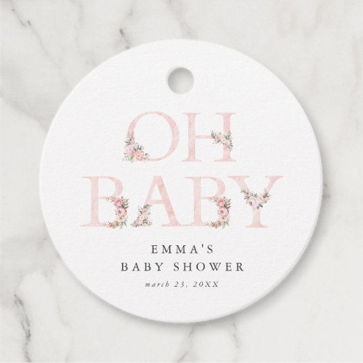 オベビーフローラタイポグラフィピンクベビーシャワー フェイバータグ (正面)