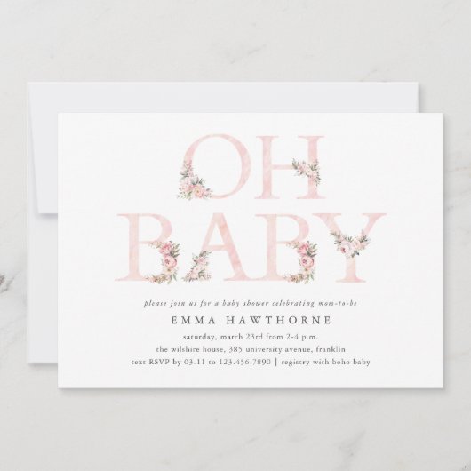 オベビーフローラタイポグラフィピンクベビーシャワー 招待状 (正面)