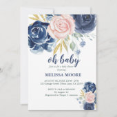オベビーフローラネイビーブルーとピンクの女の子の赤ちゃんシャワー 招待状 (正面)