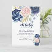 オベビーフローラネイビーブルーとピンクの女の子の赤ちゃんシャワー 招待状 (スタンド正面)