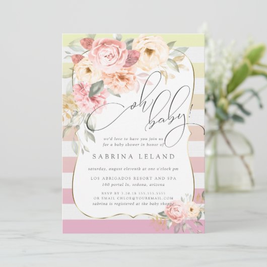 オベビーフローラピンクイエローグラデーションストライプ 招待状 (スタンド正面)