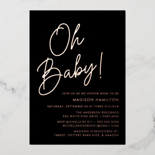 オベビーブラックとバラ金ゴールドスクリプトベビーシャワー 箔招待状 (正面)