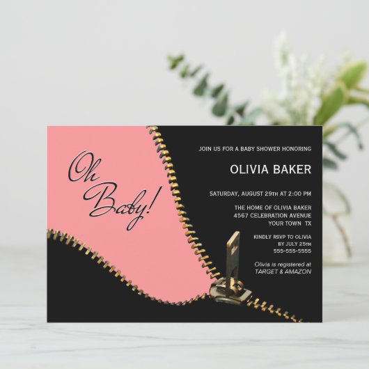 オベビーブラックピンクと金ゴールドジッパー赤ちゃんシャワー 招待状 (スタンド正面)