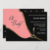 オベビーブラックピンクと金ゴールドジッパー赤ちゃんシャワー 招待状 (正面/裏面)