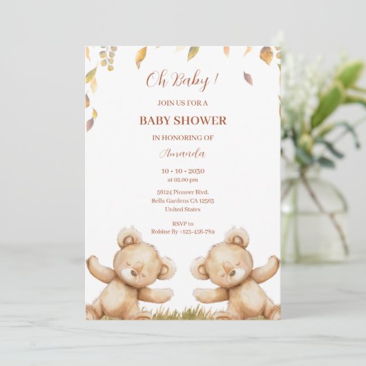 オベビーベア睡眠かわいい紅葉赤ちゃんシャワー 招待状 (スタンド正面)