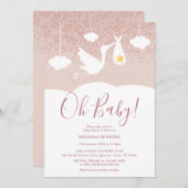 オベビーベビーシャワーストークバラ金ゴールドグリッター 招待状 (正面/裏面)