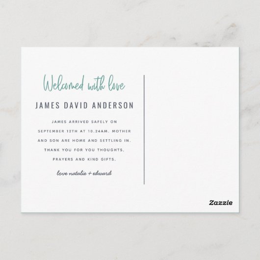 オベビーベビーモダン写真誕生のお知らせ ポストカード (裏面)