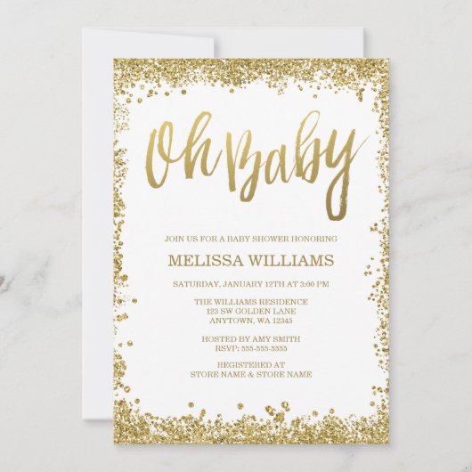 オベビーホワイト金ゴールドグリッターベビーシャワー 招待状 (正面)