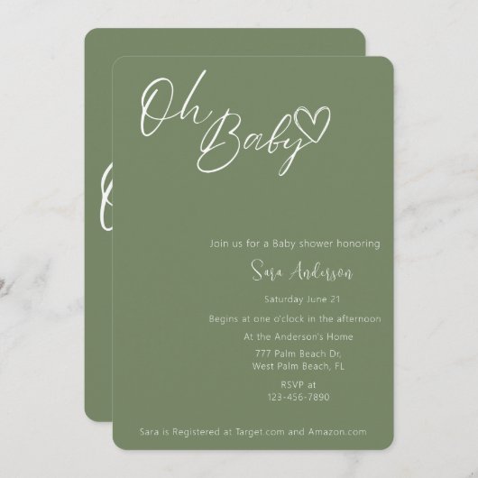 オベビーミニマリストセージグリーンベイビーシャワー 招待状 (正面/裏面)