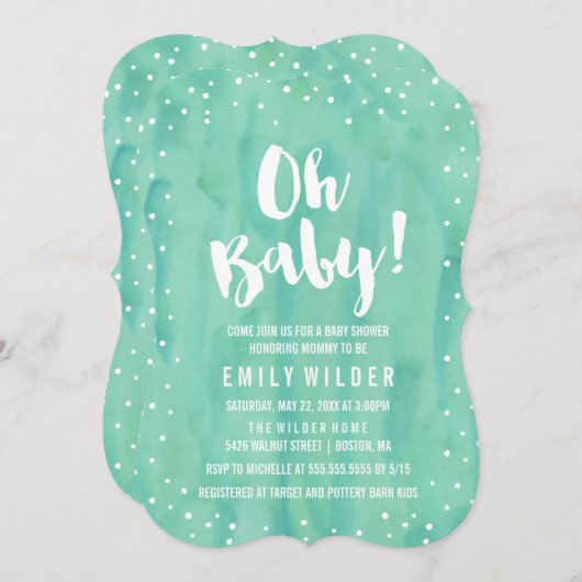 オベビーミントグリーンウォーター色ベビーシャワー 招待状 (正面/裏面)