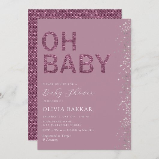 オベビーモダンかわいいパープルボホガール女の子の赤ちゃんシャワー 招待状 (正面/裏面)
