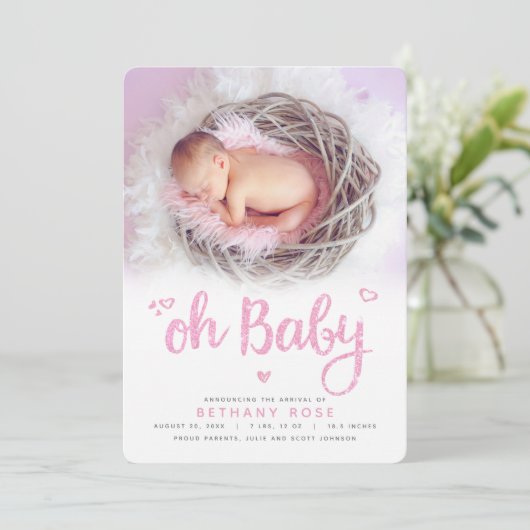 オベビーモダンスウィートシックなピンクガール誕生写真 案内状 (スタンド正面)