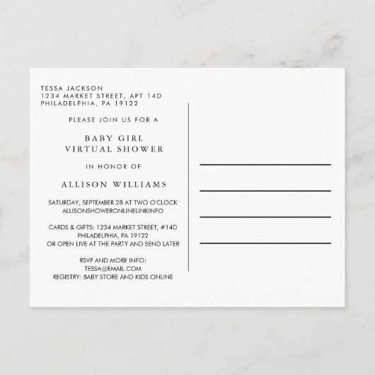 オベビーモダンタイポグラフィバーチャルベビーガールシャワー インビテーションポストカード (裏面)