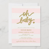 オベビーモダンピンクストライプガールベイビーシャワー 招待状 (正面)