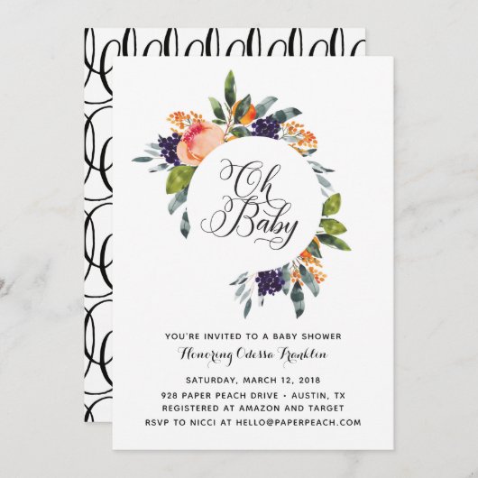 オベビーモダンフローラベビーシャワー招待状 招待状 (正面/裏面)