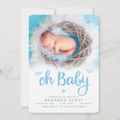 オベビーモダン甘い可愛いブルーボーイ誕生写真 案内状 (正面)