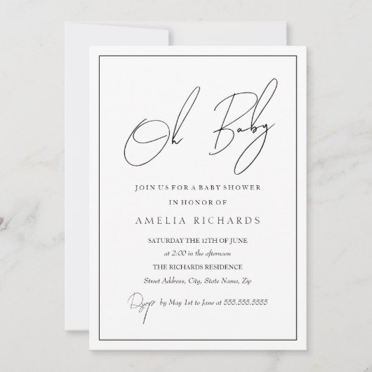 オベビーモダン白黒ベビーシャワー 招待状 (正面)