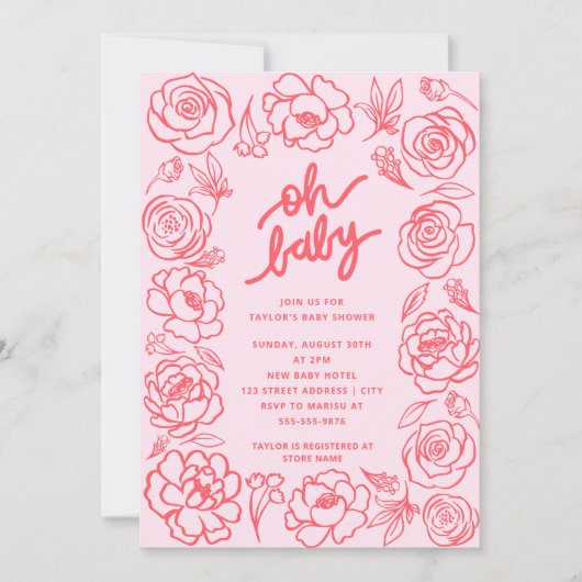 オベビーモダン花赤面ピンクガール赤ちゃんシャワー 招待状 (正面)