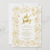 オベビーモダン花金ゴールド女の子ベイビーシャワー 招待状 (正面)