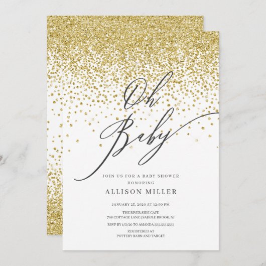 オベビーモダン金ゴールドグリッターベビーシャワー 招待状 (正面/裏面)