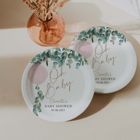 オベビーユーカリプトゥスピンクバルーンベビーシャワー ペーパープレート