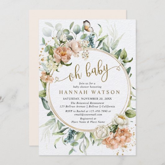 オベビーユーカリ赤面ピンクローズベビーシャワー 招待状 (正面/裏面)