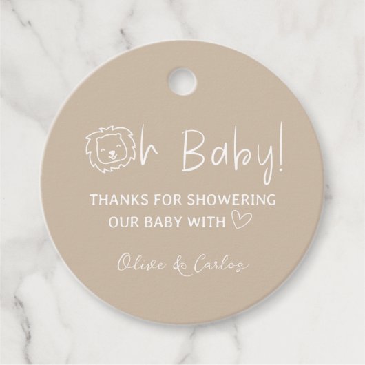 オベビーライオンとハートありがとう赤ちゃんシャワー フェイバータグ (正面)