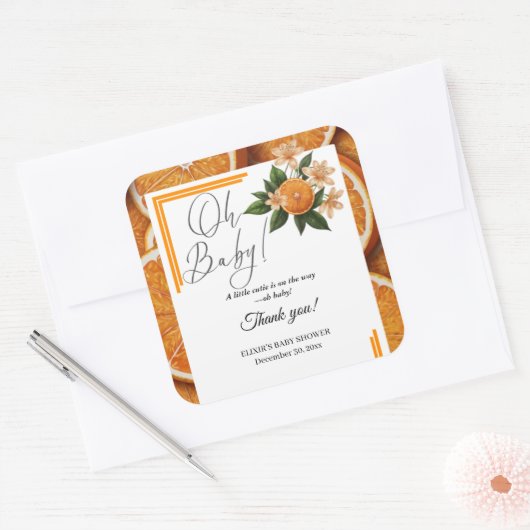 オベビーリトルかわいこちゃんオレンジ柑橘系ベビーシャワー スクエアシール (封筒)