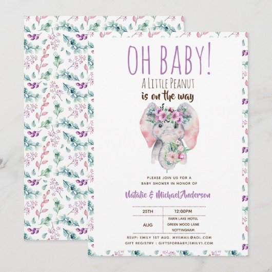 オベビーリトルピーナッツエレファントボホフローラシック 招待状 (正面/裏面)