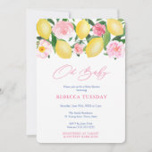 オベビーレモン青い白いタイル女の子の赤ちゃんシャワー 招待状 (正面)