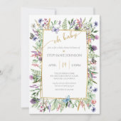 オベビーワイルドフラワーガーデン金ゴールドフレーム赤ちゃんシャワー 招待状 (正面)