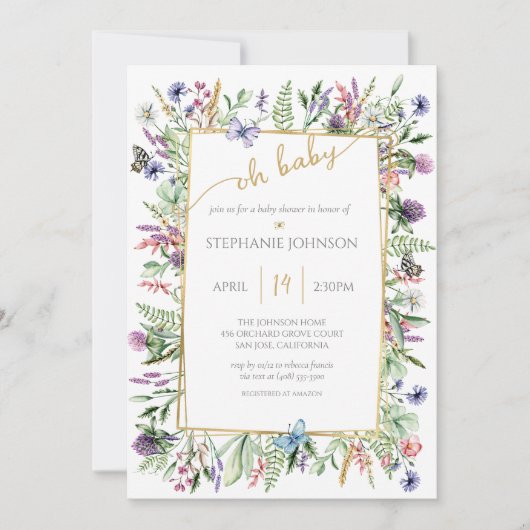 オベビーワイルドフラワーガーデン金ゴールドフレーム赤ちゃんシャワー 招待状 (正面)