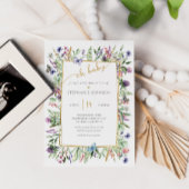 オベビーワイルドフラワーガーデン金ゴールドフレーム赤ちゃんシャワー 招待状