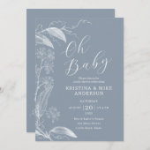 オベビーヴィンテージボタニカルダスティブルーホワイト 招待状 (正面/裏面)