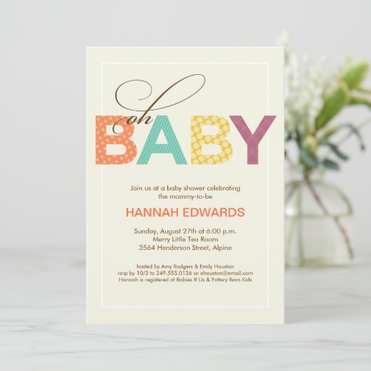 オベビー型オレンジパープルティール(緑がかった色)ベビーシャワー 招待状 (スタンド正面)