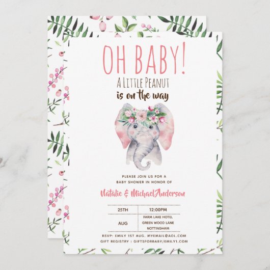 オベビー小さなピーナッツ象の赤ちゃんシャワーboho 招待状 (正面/裏面)