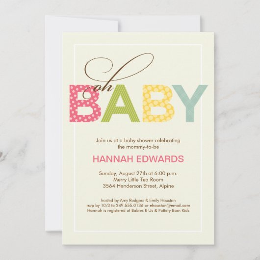 オベビー式ピンクアクアイエローベイビーシャワー 招待状 (正面)