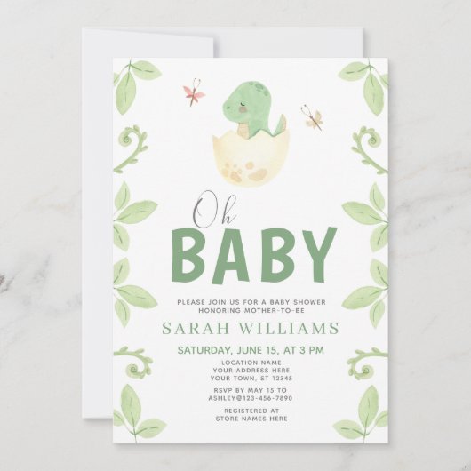 オベビー恐竜の女の子の緑の水色シャワー 招待状 (正面)