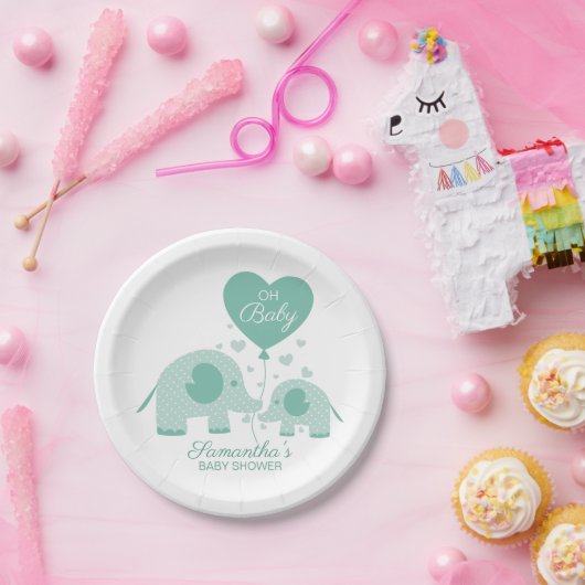 オベビー愛らしいミントグリーンエレファントベビーシャワー ペーパープレート (パーティー)