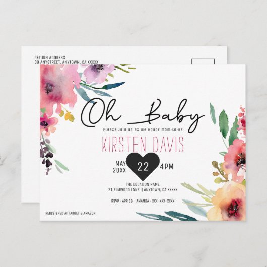 オベビー水彩フローラガールベビーシャワー ポストカード (正面/裏面)