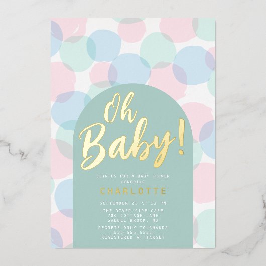 オベビー水玉模様ベビーシャワー 箔招待状 (正面)