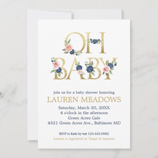 オベビー水色ネイビー&コーラルフローラベビーシャワー 招待状 (正面)