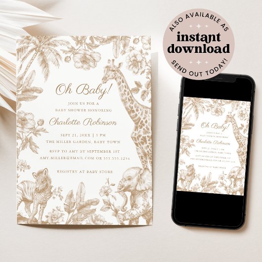 オベビー熱帯ジャングルサファリ動物ベビーシャワー 招待状